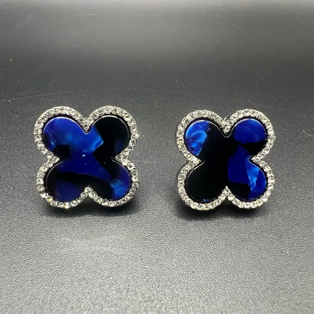 Blue Enamel Earrings with Silver Tone and Rhinestones - Picture 2 of 3